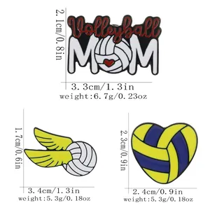 Tableau détaillé des tailles et poids pour trois pin's de volley-ball en émail distincts