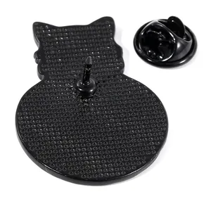 Cartoon black cat enamel pin showing back side metal structure and butterfly clutch