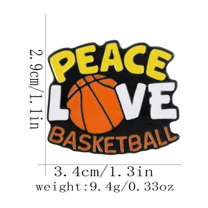 Detail showing dimensions of Peace Love Basketball enamel pin with 1.3 inch width