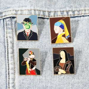 Geometric enamel pins set featuring classic art paintings on denim jacket background