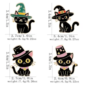 Cartoon Christmas black cat enamel pins set with festive hats and cute magical wizard caps