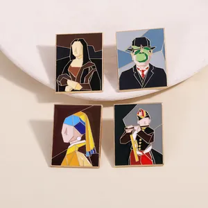 Detailed view of four geometric abstract art enamel pins inspired by world famous oil paintings