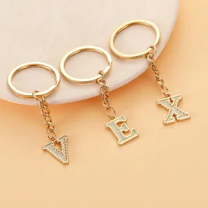 Detailansicht der goldfarbenen Buchstaben-Schlüsselanhänger V E X auf einem Tablett