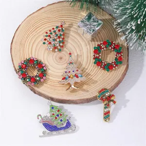 Christmas Alloy Rhinestone Brooch Pin Colorful Christmas Tree Sleigh Wreath Candy Cane Festive Jewelry For Women Men Gift