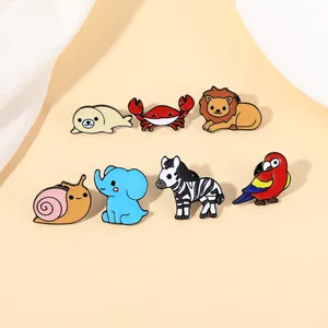 Set of 7 cartoon animal enamel pins including lion, elephant, and crab for backpacks