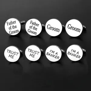 Boutons de Manchette Ronds en Acier Inoxydable Homme Mariage Affaires Chemise Lettre Gravée Accessoires de Mariage