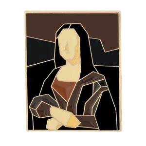 Abstract Cubist Mona Lisa enamel pin badge with gold lines for clothing and bags