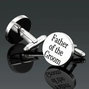 Boutons de manchette ronds argentés avec gravure Father of the Groom et barre en T