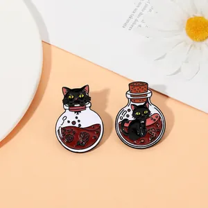 Pair of creative black cat enamel pins with rose potion bottles on a stylish background