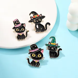 Halloween Cute Magic Cartoon Black Cat Enamel Brooch Alloy Gold Plated Witch Hat Animal Badge Jewelry Gift For Women Men