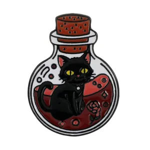 Cartoon black cat in potion bottle enamel pin with red rose and star details