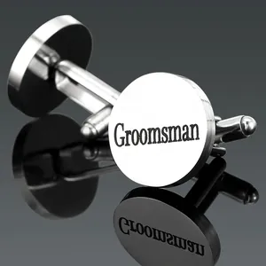Boutons de manchette ovales en acier inoxydable argenté avec gravure Groomsman