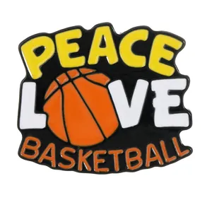 Enamel basketball lapel pin featuring Peace Love Basketball text and orange ball icon