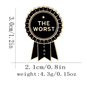Round medal enamel brooch with 'THE WORST' text and measurement specs, 3.0cm height