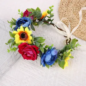 Floral wreath crown with silk sunflowers and roses for wedding hair decoration