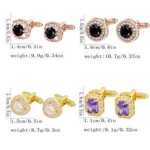Men's metal cufflinks set with round blue rhinestones and zircons, multiple styles and sizes