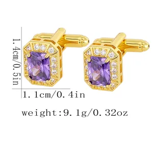 Detailed view of gold cufflinks with purple crystal and dimensions 1.4cm by 1.1cm