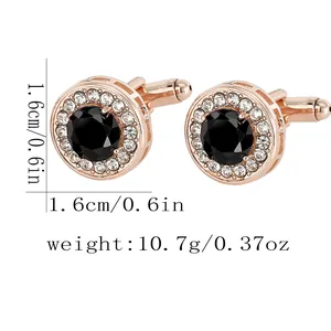 Detail view of round rose gold cufflinks with black gemstone and white zircons