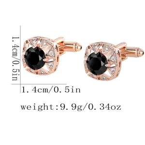Detailed view of rose gold cufflinks with black gemstone and white accents, 1.4cm size