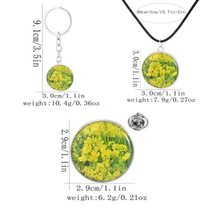 Rapeseed flower resin jewelry set including necklace, keychain, and brooch with dimensions
