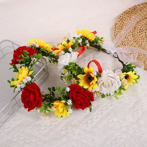 Waldstil Simulation Rose Blumenkrone Böhmisches Florales Stirnband Mit Band Für Hochzeit Fotografie Party Damen Haarschmuck
