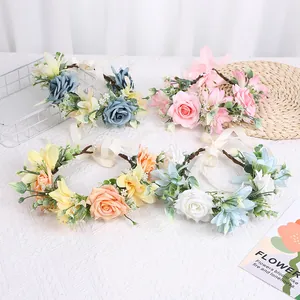 Simulation Flower Wreath Headband Bohemian Style Adjustable Ribbon Hair Accessory For Wedding Beach Party Women Girls
