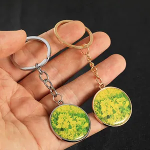 Detail view of round gold and silver keychains with yellow canola flower pendants