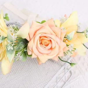 Detailed close-up of realistic peach rose floral headband with silk ribbon ties
