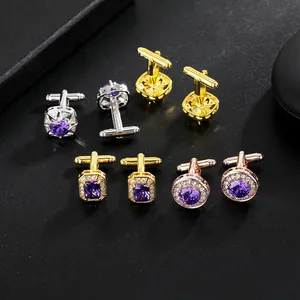 Detailed macro of crystal cufflinks set with blue rhinestones and metallic finishes