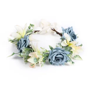 Mori style forest flower crown with dark blue roses and lilies for wedding photography