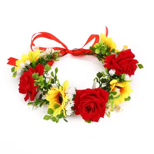 Böhmischer Blumenhaarkranz mit roten Seidenrosen und gelben Sonnenblumen für die Braut