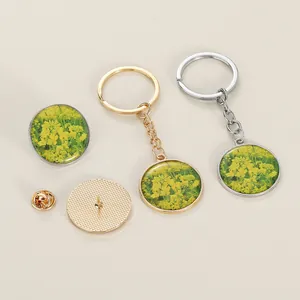 Rapeseed flower pendant keychain and brooch set with vintage gold and silver metal finish