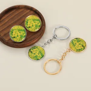 Macro detail of vintage metal pendants and keychains featuring yellow floral resin inserts