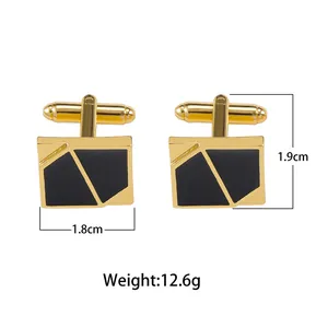 Detail view of gold and black geometric cufflinks with dimensions and weight specs
