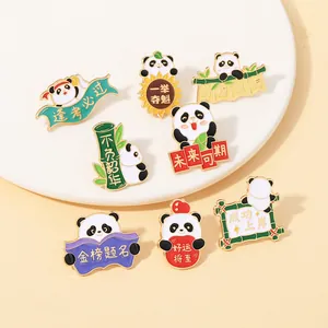 Close-up of eight cute panda enamel pins with inspirational Chinese character slogans