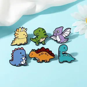 Detailed set of six cute enamel dinosaur brooches featuring T-Rex and Triceratops