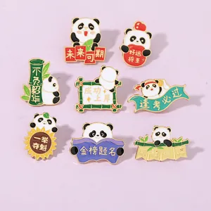 Detail view of eight panda enamel pins with motivational Chinese calligraphy and symbols
