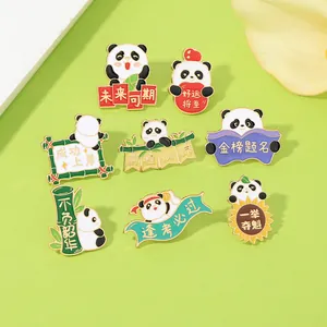 Detailed set of eight enamel panda pins with motivational Chinese characters and bright colors