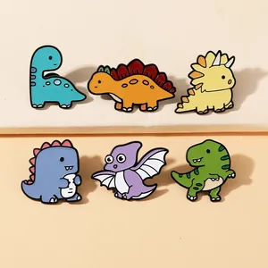 Detailed set of six cute colorful cartoon dinosaur enamel pins on a warm toned stand