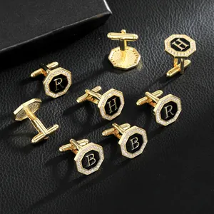 Gemelos octogonales para hombre en oro con esmalte negro y borde de cristales brillantes