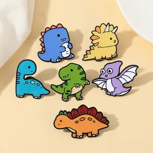 Detailed set of six colorful cartoon dinosaur enamel pins made of polished zinc alloy