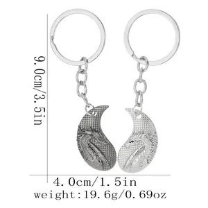 Detailed dimensions of dragon pattern yin yang pendant keychains in silver finish