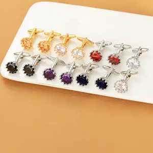 Gemelos Redondos de Cristal para Hombre de Lujo Cobre Zirconia Botones de Camisa Joyería para Negocios Boda Regalo