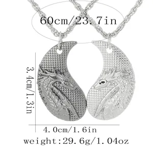 Handcrafted vintage alloy dragon puzzle pendant necklaces for couples on white background
