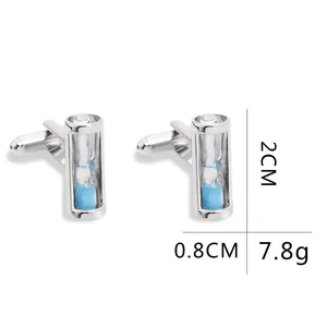 Boutons de manchette sablier bleu avec cadre argenté, 2 cm, accessoire élégant pour homme