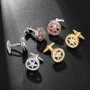 Macro shot of luxury star-shaped cufflinks with crystal inlay and T-shaped metal clasp