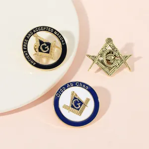 Detail of Freemasonry pins showing the Square, Compass and Eye of Providence symbols