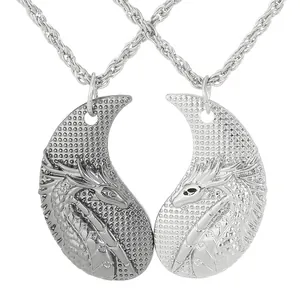 Retro dragon puzzle couple necklace set in polished silver finish with textured scales
