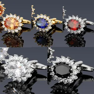 Men's luxury halo oval crystal cufflinks set in champagne blue and red colors