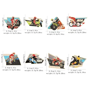 Set of 8 colorful sports enamel pins featuring motorcycles and skateboards for backpacks